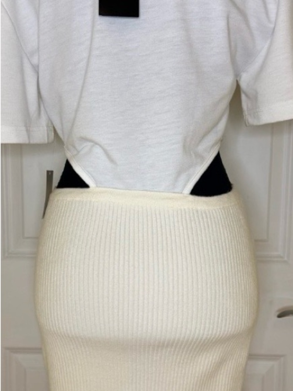 NWT, Herve Leger Cream Ribbed Knit Pencil Skirt